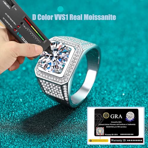 2CT/5CT Moissanite Engagement Ring for Men, S925 Sterling Silver D Color VVS1 Clarity Lab Created Diamond Ring, Men's Anniversary Wedding Band Gift3