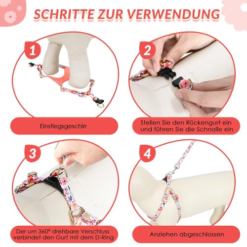 SlowTon Hundegeschirr mit Leine, No-Pull leichtes weiches Wildleder-Welpengeschirr mit Blumenmuster und Schnappschnalle, verstellbares Geschirr Hund für kleine und mittelgroße Hunde