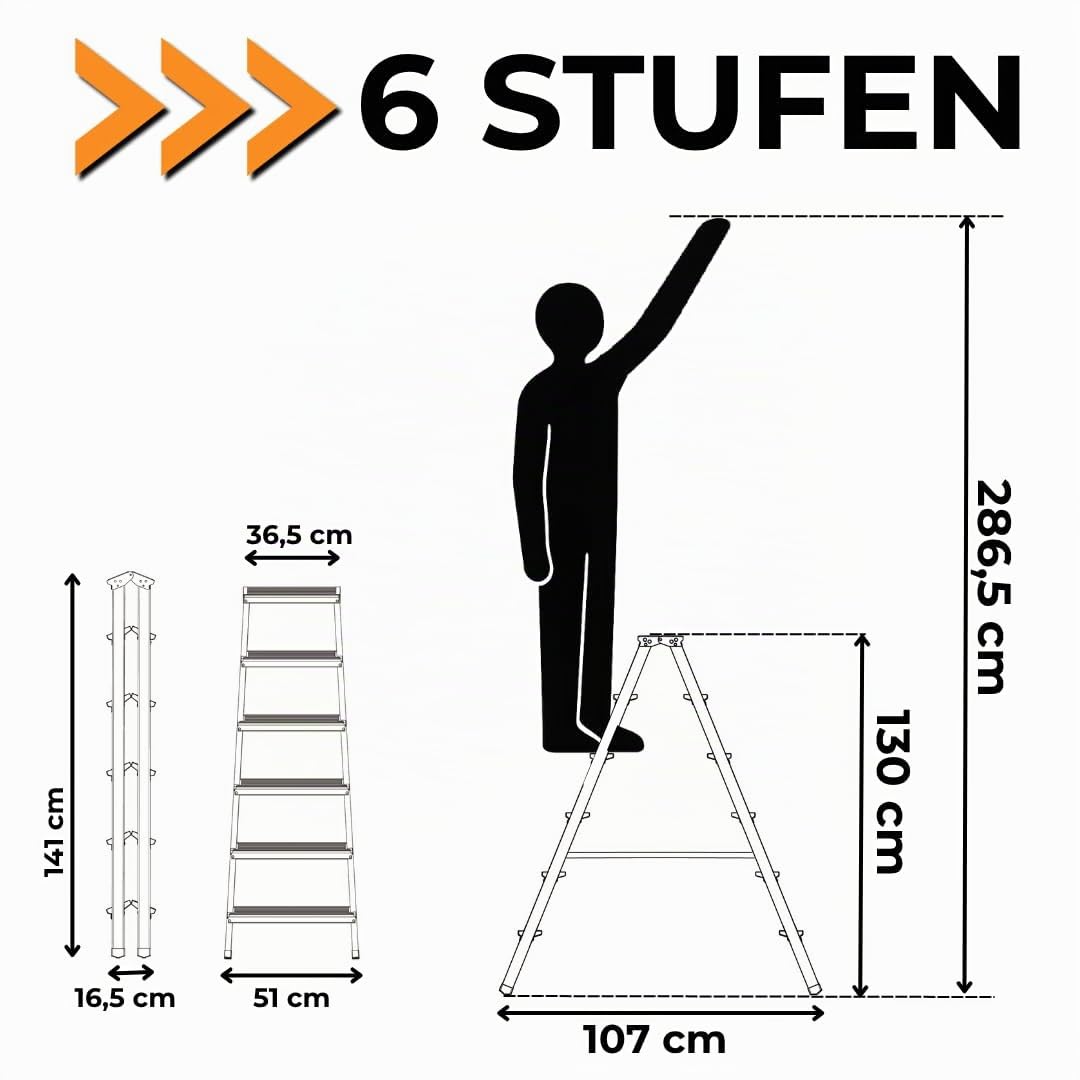 Fortena Haushaltsleiter Doppelleiter 2x6 Stufen Aluminium 120 kg Belastung