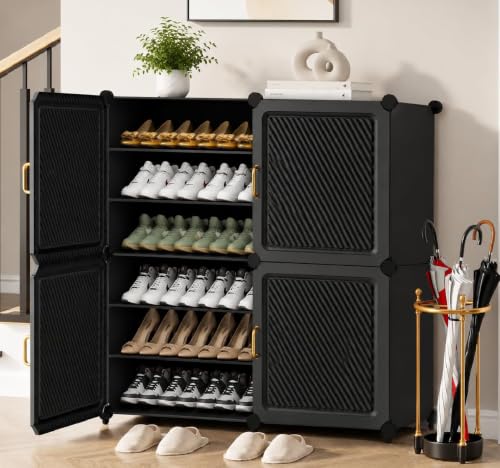 Image of EXVITO Portable Modular Plastic Shoe Cabinet with Doors, 16-Tier Stackable Shoe Rack Organizer, Dustproof Waterproof Shoe Storage Cabinet, Space Saving Entryway Shoe Shelf (Grey, 4 Door)