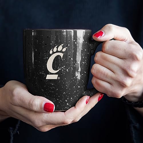 Image of Rico Industries NCAA Cincinnati Bearcats Black Personalized 16 oz Team Color Laser Engraved Speckled Ceramic Coffee Mug