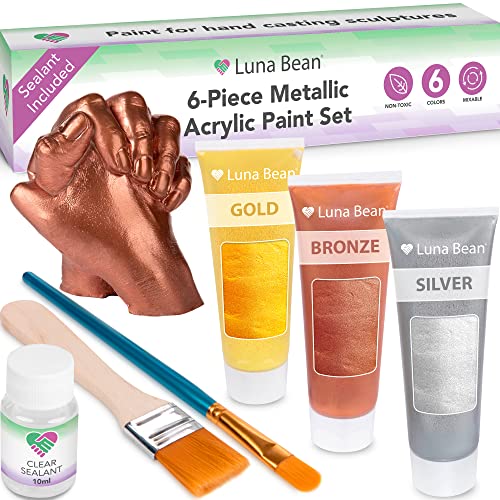 Luna Bean Metallic Acrylic Paint - Great For Hand Casting Kits! Rich Pigments Of Silver, Bronze & Gold Metallic Paint - Designed For Hand Mold Kit & Casting Kit Decor - 6Pc Acrylic Paint Set W/ Paint Sealant #TOP7