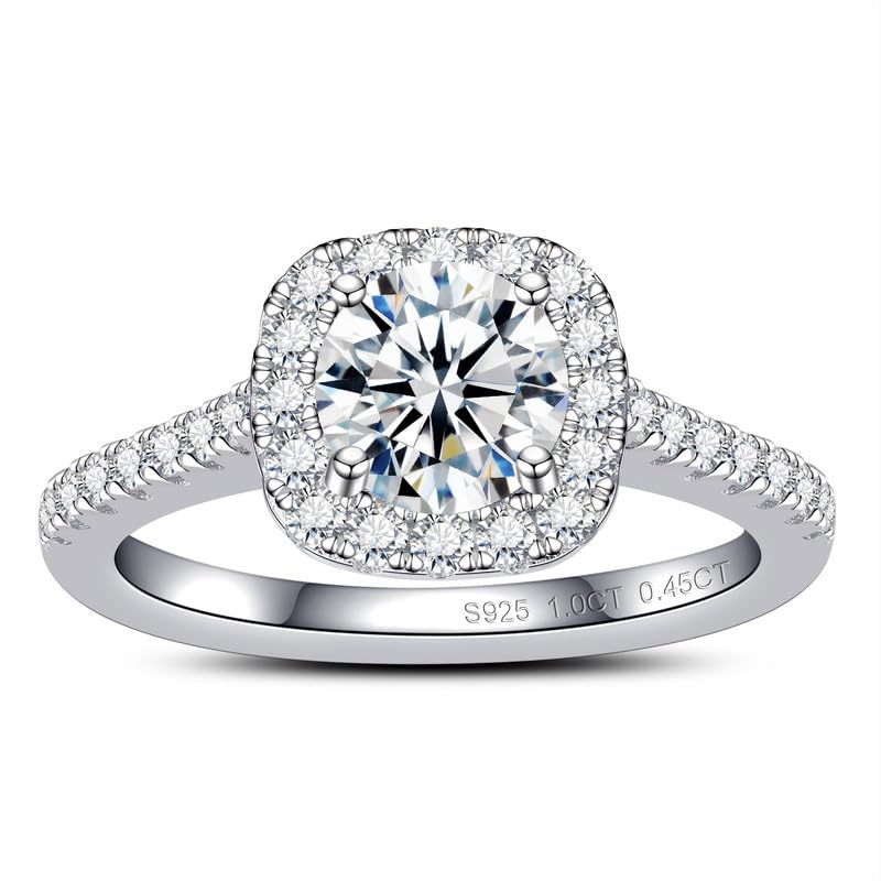 Halo Moissanite Engagement Rings for Women 1.45 Carat D Color VVS1 Round Cut simulated Diamond 18K White Gold Plated 925 Sterling Silver Anniversary Wedding Promise Ring for Women Size 4-9