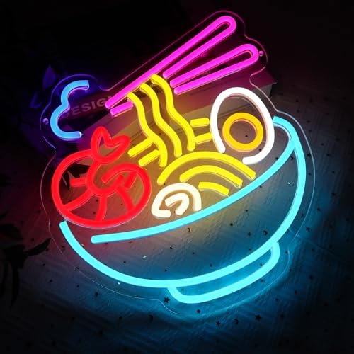 Image of Ramen Neon Sign for Wall Decor, Seafood Noodles Led Signs for Business, USB Dimmable 13.5 inch x 12.6 inch Neon Lights for Japanese Resturant Bar Kitchen Party Ramen Shop Wall Art