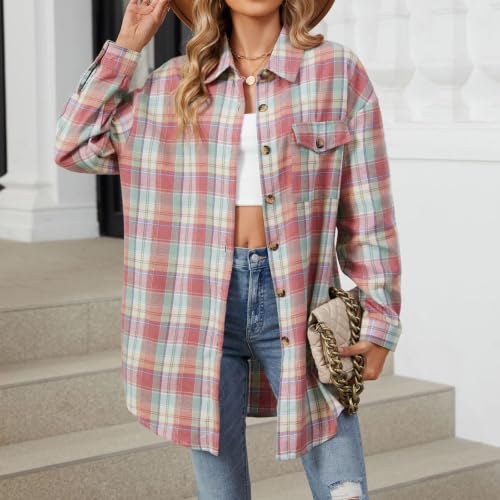 Flannel Plaid Shirts Womens Fall Casual Long Sleeve Button Down Tops Teacher Clothes Thanksgiving Cotton Sweatshirt Tee Y2K Pink - image 7