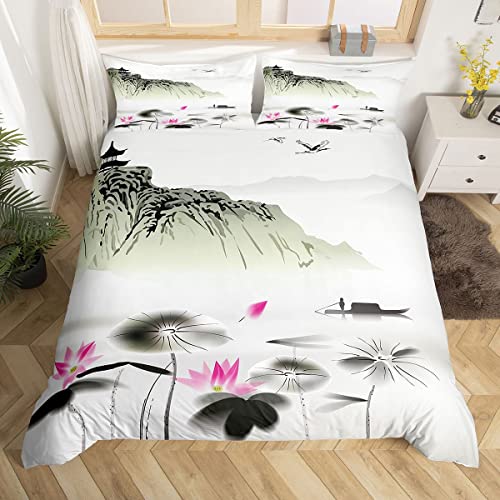 feelingyou Funda nórdica de loto, diseño de barco de montaña, para niñas, adolescentes, dormitorio, regalo, consolador, estilo chino, decoración con 1 funda de almohada, 155 x 220 cm