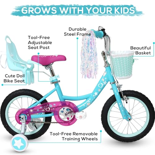 Image of WEIZE Kids Bike, 14 16 Inch Children Bicycle for Girls Ages 4-12 Years Old, Front Basket, Bell, Streamer, Doll Seat, Adjustable Seat & Handlebars, Coaster Brake, Multiple Color