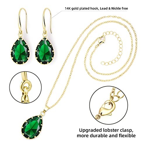 Linawe Emerald Green Diamond Jewelry Set For Women 14K Gold Crystal Stone Rhinestone Pendant Necklace Cubic Zirconia Dangle Earrings Set Costume Queen Bridal Wedding Accessories Gift For Mom Wife Her #TOP3