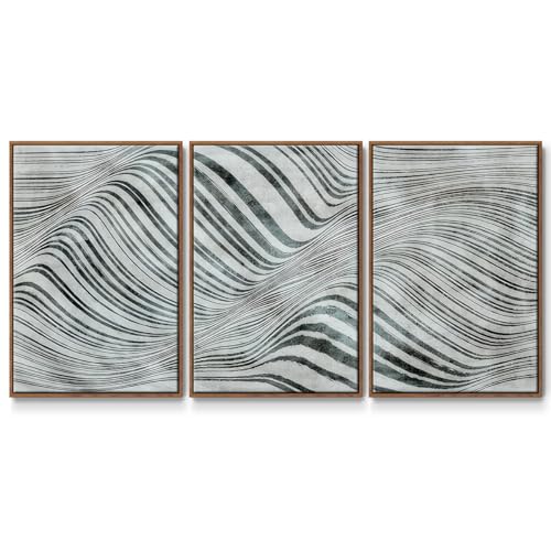 Renditions Gallery Abstract Wall Art Forme de bulle Black and White Lines Painting Modern Minimalist Artwork Canvas Prints Wall Decorations for Bathroom-Walnut Floater Frame-26”x40”x3 Panels, LS015