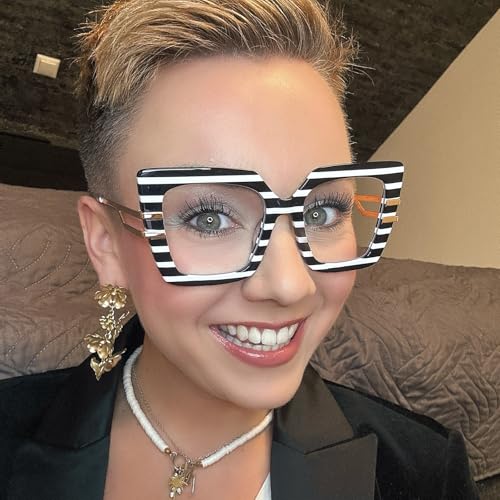 Image of Zeelool Oversized Blue Light Glasses for Woman Black White Stripe Square Eyeglasses Fashion Computer Eyewear Anti Eyestrain Poutine JGX444789-10B