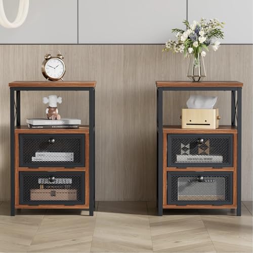 Image of VECELO Nightstand Set of 2, End Table with Flip Drawer, Modern Night Stand for Bedroom,Living Room, Office, Easy Assembly, Walnut Brown