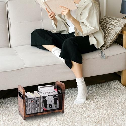 Zeitschriftenhalter und -ständer aus Holz, Retro-Stil, brauner Netz-Aufbewahrungskorb für Bücher, Zeitungen, Akten – Schreibtisch/Boden-Organizer