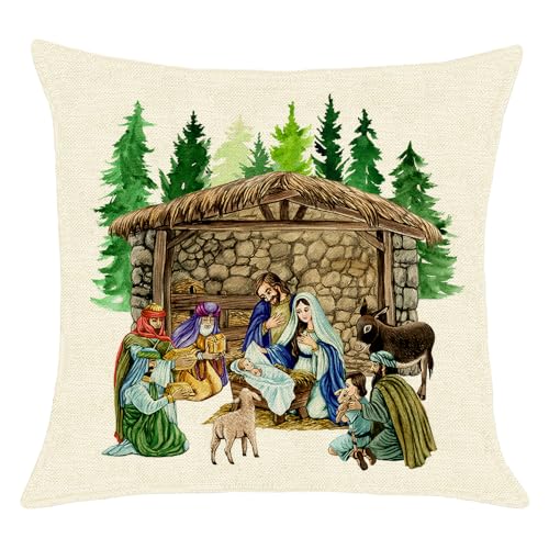 Monord 2407202208 Christian Christmas Nativity Burlap Throw Pillow Cover Manger Scene Religious Cushion Case cover
