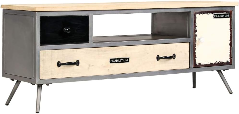 vidaXL TV Cabinet Mango Wood Natural and Steel Grey Solid Mango Wood, Steel