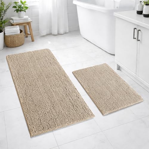 Image of LUXEHOME International Bath Mats for Bathroom Anti Slip Microfiber Chenille Super Absorbent Quick Dry Water Soak Floor Mat for Home Kitchen Door (45x75cm 60x120cm Beige) Pack of 2