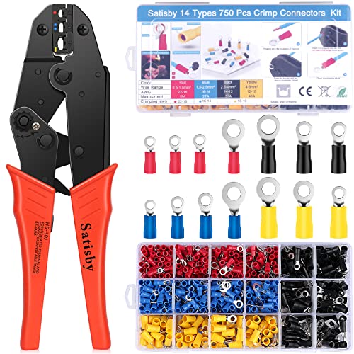 Herramientas de prensado, juego de herramientas de prensado 0.5-6mm²/AWG22-10 con 14 tipos 750 conectores de crimpado de anillo Cover