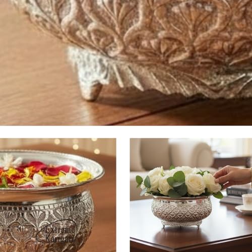 Image of Decorative Brass Chitai 7 inches German Silver Urli Center Table Flower Bowl | Urali for Mandap, Haldi, Mehendi, Wedding, Reception Decor | Small Size | 1000ml