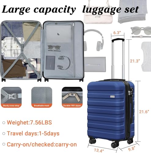 Zebra 20" Expandable Carry-On Luggage Set with TSA Lock, Lightweight Hardshell Suitcase with Spinner Wheels, PC+ABS Durable Checked Luggage, Bonus Travel Backpack & Cosmetic Makeup Bag, Navy Blue3