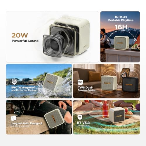 Image of Portable Bluetooth Speaker, Compact Wireless Speaker with Deep Bass, Loud Stereo Sound, IP67 Waterproof /Dustproof, 16-Hour Playtime, TWS Pairing, USB, AUX, TF Card, for Home, Travel, and Outdoor