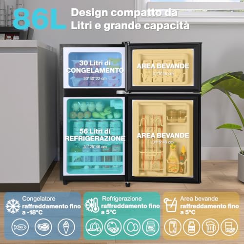 YASHE Minifrigo da 86 litri con congelatore, frigorifero a doppia porta con termostato regolabile a 7 impostazioni, per appartamento, camera da letto, dormitorio e ufficio, nero - 3