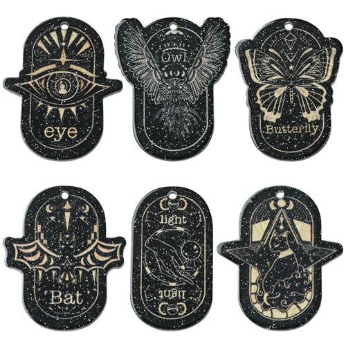 LiQunSweet 12 pcs 6 Styles Black Tarot Card Acrylic Charms Eye Bat Butterfly Cat Owl Charms for DIY
