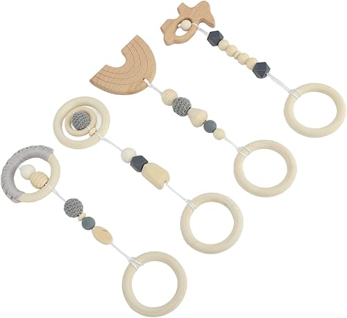 Fydun 4 juguetes colgantes de madera, 4 piezas colgante de cochecito para bebé, juguetes de gimnasio, automóvil y para niños pequeños (gris)
