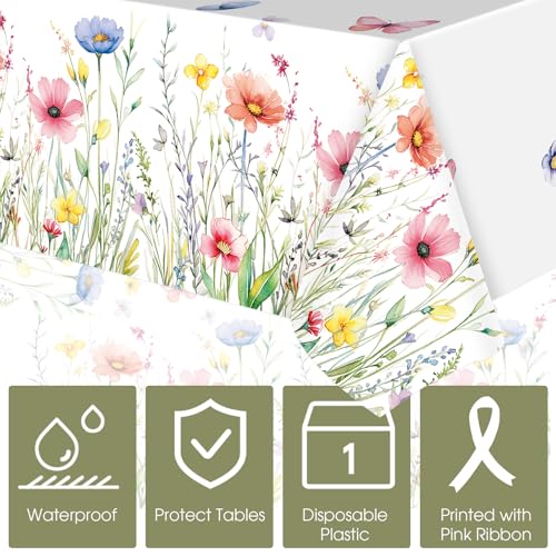 Image of Ganeen 3 Pcs Colorful Floral Tablecloth Disposable Plastic Wildflower Table Cloth Butterfly Flower Rectangle Table Cover for Birthday Wedding Valentines Easter Spring Tea Party Decor, 54 x 108 Inch