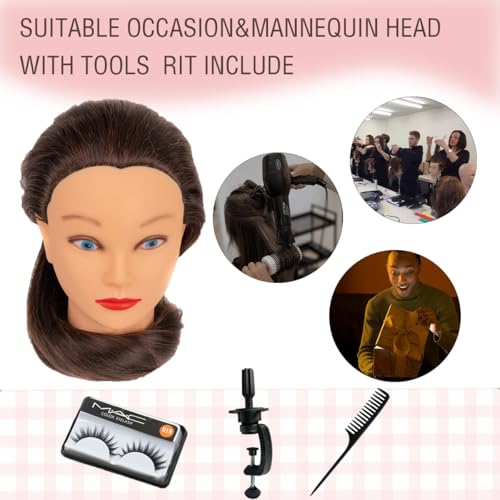 Mannequin Head Human Hair Female 80% Human Hair Mannequin Head Hair Styling Cosmetology Manikin Head Doll Head for Hairdresser with Clamp Holder and Tools