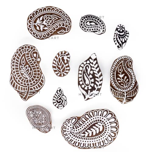 Image of Hashcart | Set of 10 | Handcarved Wooden Printing Stamps Paisley Design Baren for Blocks Printing | Scrapbooking | Fabric Designing | Art Craft | Pottery Craft