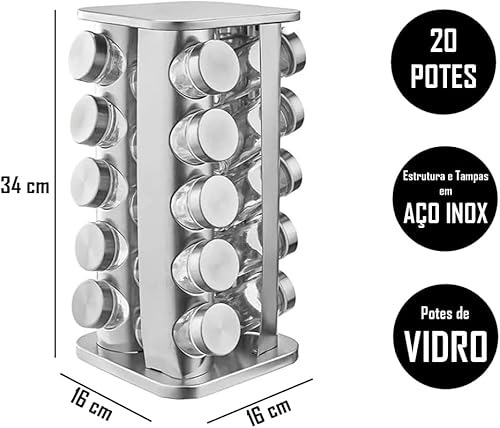 Porta Temperos Condimento Giratorio Inox com 20 Potes de Vidro - Kit Pratico e Elegante para Organiz