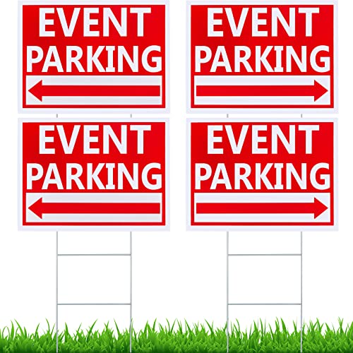 4 Pcs Event Parking Signs with Arrow 16 x12 Waterproof Double Sided Printed Plastic Yard Sign 4 Pcs Metal Wire Stakes Guest Parking Sign for Outdoor Event Outdoor Supplies