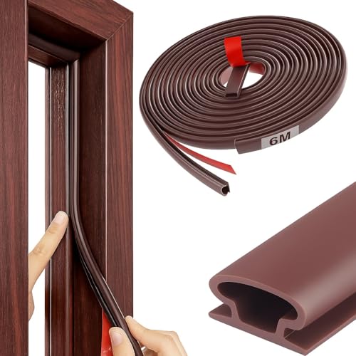 PALTUZ Door Seal Strip 20Feet Self-Adhesive D-Shape Weather Stripping for Doors & Windows Soundproof Windproof Waterproof Insect-Proof Rubber Insulation for Door Frame Gap Blocker (6M Brown)