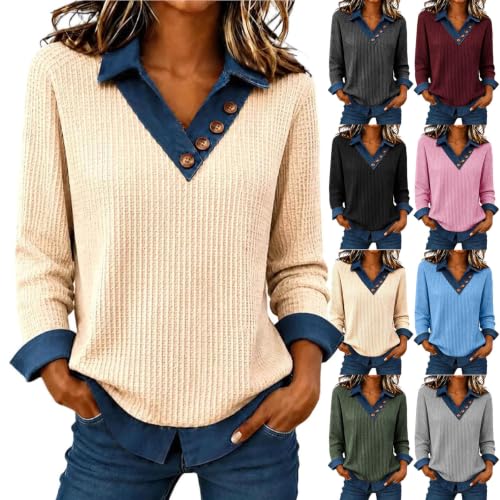 Womens Waffle Knit Tops Denim Contrast V Neck Long Sleeve Casual Shirts - image 1