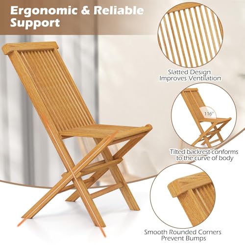 HAPPYGRILL Teak Wood Folding Chairs Set of 4, Patio Chairs with Slatted Seat & Backrest, No Assembly Needed, Space-Saving Foldable Outdoor Dining Chair for Poolside, Yard, Balcony
