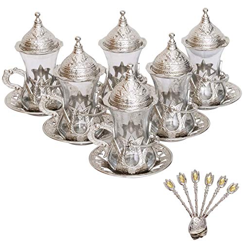 Alisveristime (Set of 6 Handmade Turkish Tea Water Zamzam Serving Set Glasses Saucer and Spoon (Silver)