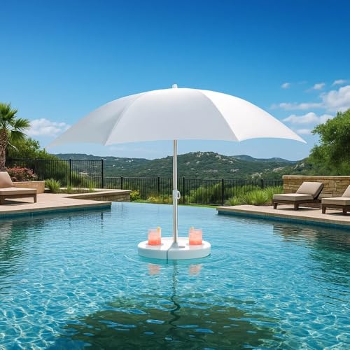 Pool Buoy Floating Pool Umbrella – 5'7' UV-Resistant Adjustable Shade with 5 Cup Holders, No-Tool Assembly, Stable Weighted Base – Ideal for Pools, Lakes, and Hot Tubs – Tide White