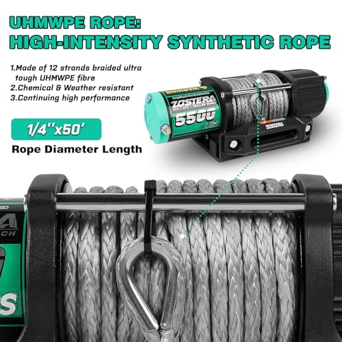 Image of 5500lbs ATV /UTV Winch with Synthetic Rope, Electric Boat Trailer Winch 12V, Waterproof Winch with 2 Wireless Remotes &Wired Switch,with Mounting Plate,Aluminium Fairlead