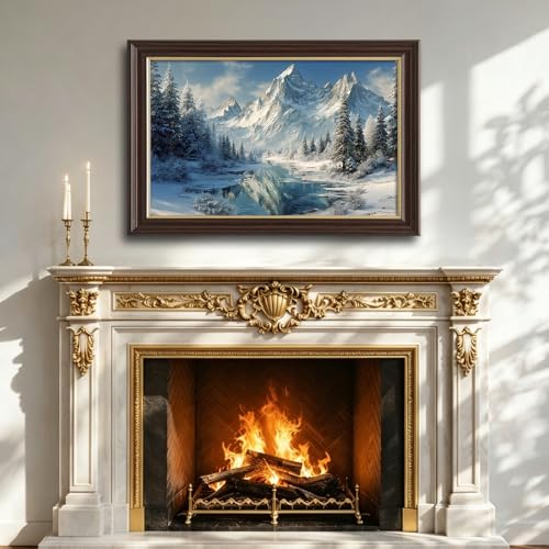 Image of Framed Vintage Snow Mountain Canvas Wall Art, Winter Pine Forest Lake Landscape Canvas Prints Pictures, Rustic Cabin Wall Decor for Living Room Bedroom Farmhouse Home Aesthetic