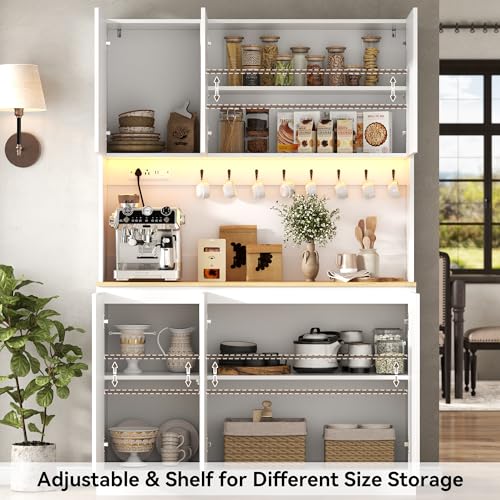 Image of 71 inch Black Kitchen Pantry with Power Outlet & LED Light, Large Kitchen Hutch Cabinet with Adjustable Shelf, Modern Buffet Cabinet with 6 Doors, Food Pantry Storage for Dining Room (White 6 Doors)