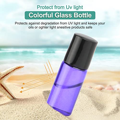 Pack of 50,3ml Glass Roll on Bottle Mixed Color Sample Test Roller Essential Oil Bottles glass vials With Stainless Steel Roller Balls,Black Plastic Cap For Travel Aromatherapy,Perfume Oils2