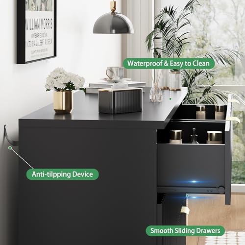 Image of Xixini Fluted Dresser for Bedroom with 6 Drawers, 48 inch Wide Wooden Chest of Drawers with Metal Handle, Modern Dresser TV Stand, Wood Closet Clothes Storage Organizer for Living Room, Hallway, Black