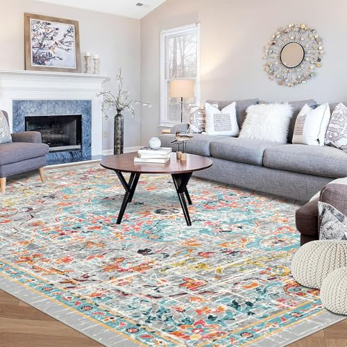 Pauwer Area Rugs 8x10 Clearance, Large Area Rug for Living Room, Machine Washable Area Rugs for Bedroom, Boho Farmhouse Vintage Floral Rugs, Non Slip Low Pile Accent Rug Floor Mat Carpet