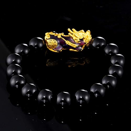 Miniatura 3 de Pulsera chapada en 14 quilates de 0.472 in Feng Shui para hombre, Pixiu Piyao, cambio de color, cuentas negras, pulsera de la suerte, pulsera para