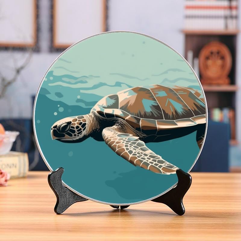 Sea Turtle 10-inch Ceramic Plate for Wall Display or Tabletop, with Stand & Hook DP-819340308