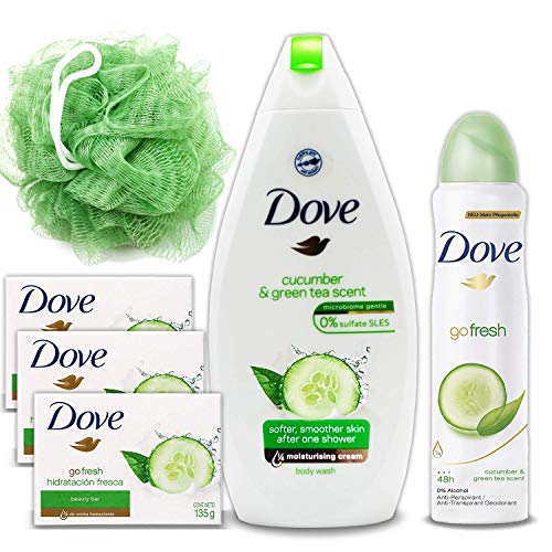 Dove Go Fresh Gift Pack: 23 Oz Cucumber And Green Tea Scent Shower Gel Body Wash, 5 Oz Dove AntiPerspirant Deodorant Spray For Women, 3 Pack 4.75 Oz Beauty Bar Soap, HeroFiber Green Loofah Sponge Puff