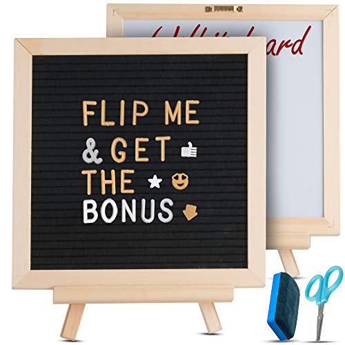 Letter Board with Letters and Numbers - and Dry Erase White Board - 340 Letters & Symbols - Double Sided Felt Message Board, Includes Storage Bag, Scissors, Oak Stand, Eraser, 10x10