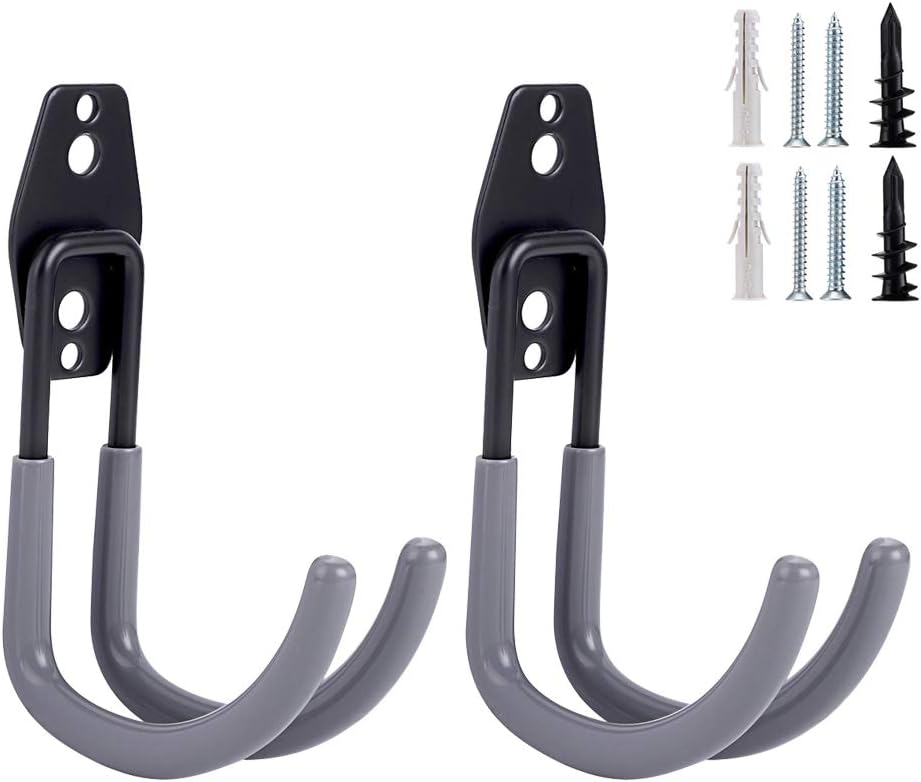 JUXYES Pack of 2 Wall Mounted Garden Hose Holder, Heavy Duty Water Hose Storage Organizer Pipe Reel Holder Hanger, Car Hose and Cord Hanger Bracket Bracing with Screws and Expansion Bolt (Gray)