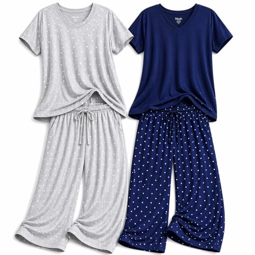 Blush by Us Angels 4 Piece Womens Pajama Set Cozy Short Sleeve Shirt and Drawstring Pants Sleepwear Set Ivory & Sage