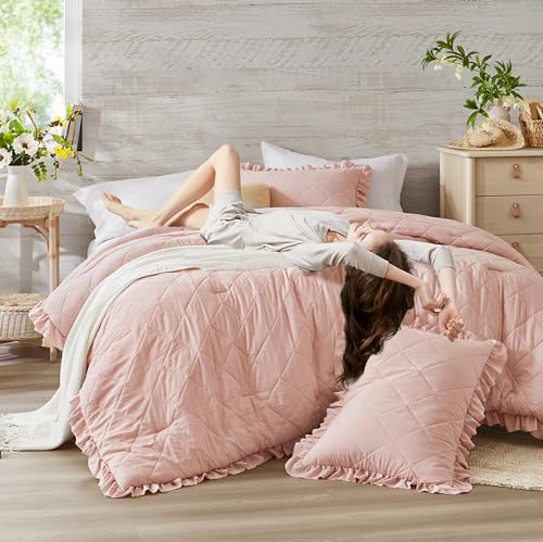 Degrees Of Comfort Pink/Blush Ruffle Bedding Set, Shabby Chic Farmhouse Twin Size Comforter thumb #1
