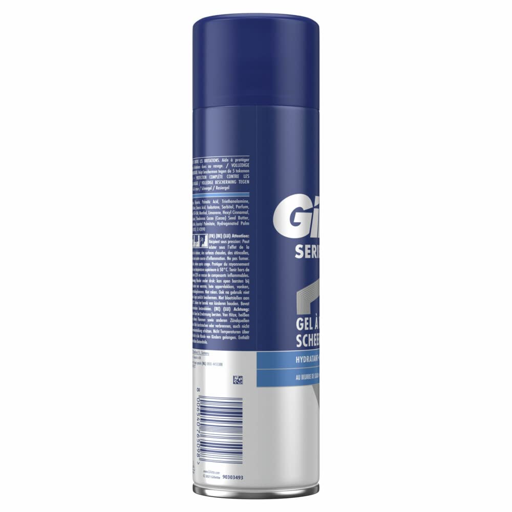 Gillette Series Rasiergel, feuchtigkeitsspendend, mit Kakaobutter, vollständiger Schutz gegen Reizungen, schützt vor Schnitten, Verbrennungen, Rötungen und Zerren, 200 ml